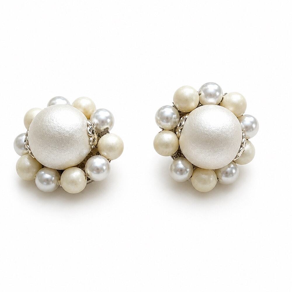 1950 s "The Pearl Confetti" Vintage Two Tone White Cream Pearl Cluster Earrings